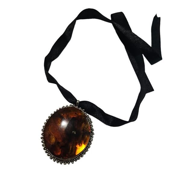 Vintage Huge Round Amber in Silver Tone Metal Pendant on Black Ribbon Necklace - Picture 2 of 7